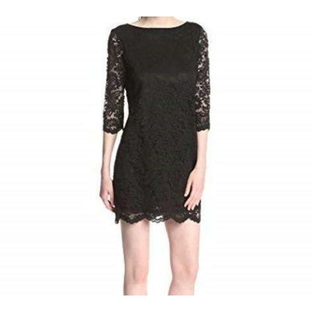 Michael Stars Women's Lace Shift Dress Size S  V-Back 3/4 Sleeves Black Classic